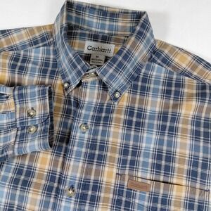 Carhartt Mens Medium Plaid Button Down Shirt Blue Tan Long Sleeve Fall 2008